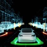 Rendering of a car driving, with parked cars and pedestrians nearby