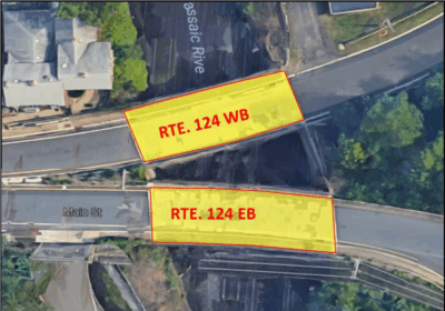Satellite imagery of Route 124. The two bridges, eastbound and westbound, are highlighted where they cross the Passaic River