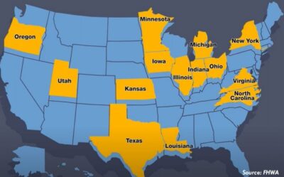A map of the United States. Oregon, Utah, Kansas, Texas, Minnesota, Iowa, Louisiana, Illinois, Indiana, Michigan, Ohio, New York, Virginia, and North Carolina are highlighted in yellow.