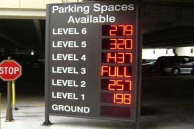 A sign showing how many spaces are currently available on each level of a parking garage