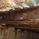 Rusted steel beams under a bridge