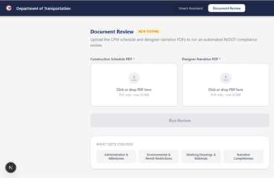 AI assistant that runs automated NJDOT compliance reviews on CPM schedule and designer narrative PDFs 