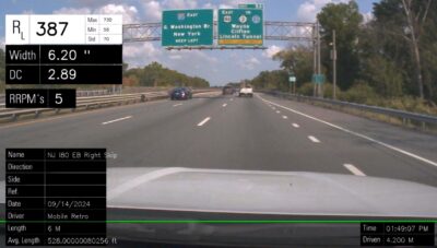 During the field tests, a forward-facing camera recorded the pavement markings while a mobile retroreflectometer collected the retroreflectivity measurements (data overlaid on left).