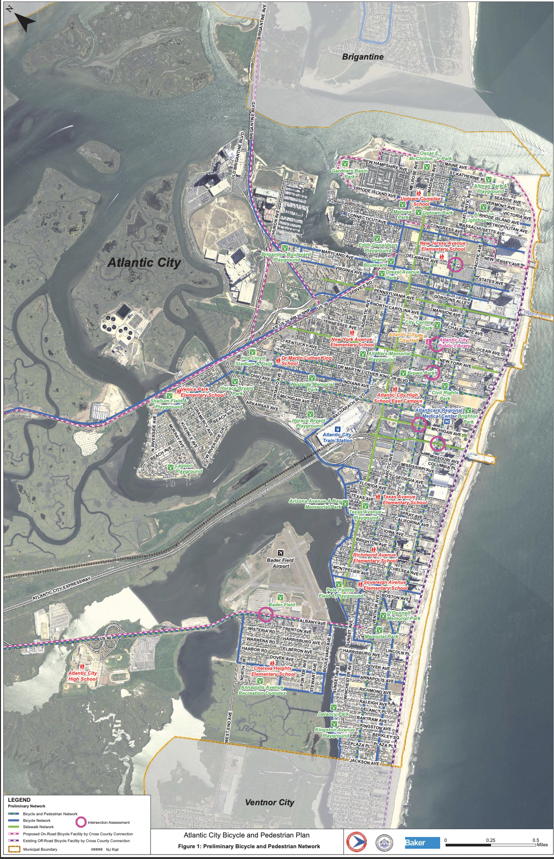 Map of Atlantic City, which is set on a piece of land bordering the ocean, as well as tidal marsh on the other three sides. Atlantic Avenue is barely visible, a green vertical line cutting through the city.