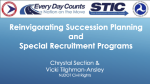 Slide image reading: Reinvigorating Succession Planning and Special Recruitment Programs, Chrystal Section & Vicki Tilghman-Ansley, NJDOT Civil Rights
