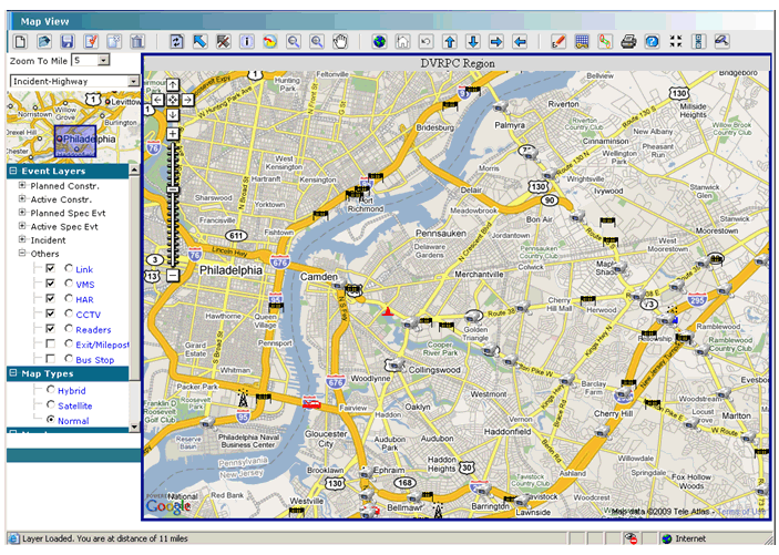 A screen capture of the RIMIS interface, depciting a map of philadelphia and camden's roads, a cone in Camden denotes highway construction, a camera a traffic feed, and a red car where a disabled vehicle is located.