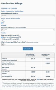 Milage calculator tool for MBUF for average vehicle with 23 Miles per gallon, they would pay about one cent more in fees to drive 1000 miles.