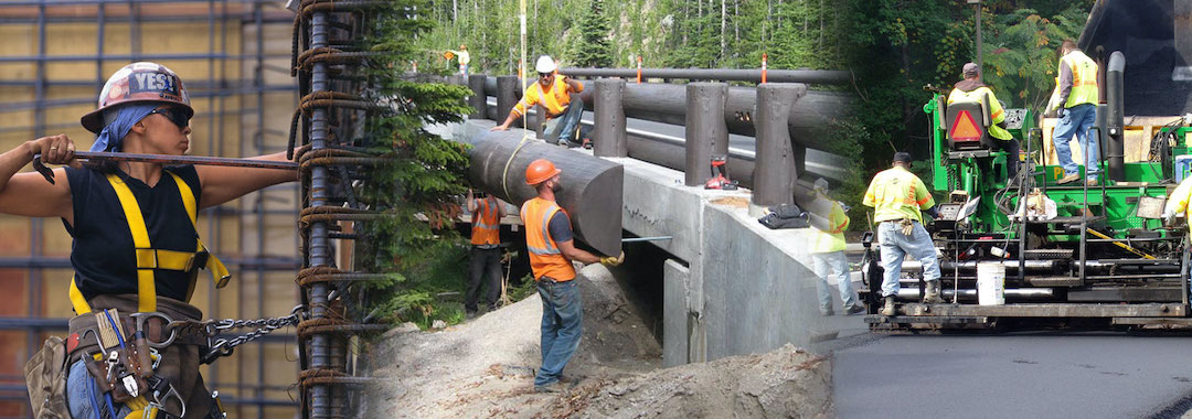 From left to right: a woman in a hardhat working with a crowbar, then two men helping place a bridge component, finally three men on a paving device