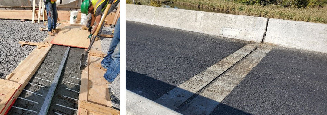 Two images: to the left, contractors work at applying UHPC to a bridge joint, on the right, the finished application, two concrete strips bordered by asphalt