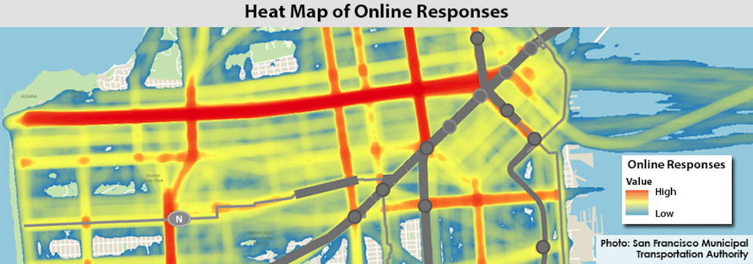 Image is of a heat map of San Francisco of online responses, with a majority in yellow, but concentrated areas of responses in red, which occurs on several corridors on the map