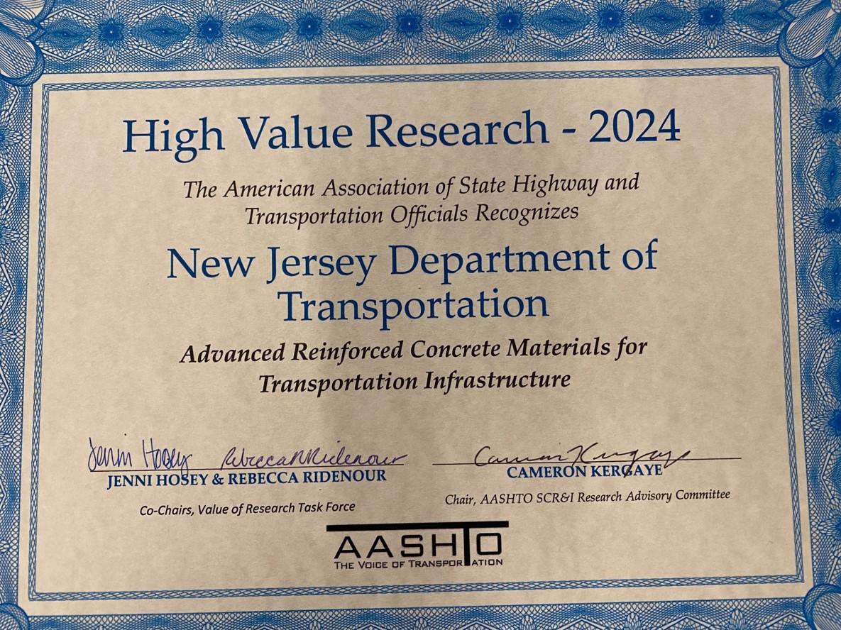 AASHTO High Value Research 2024 Award for Advanced Reinforced Concrete Materials for Transportation Infrastructure.